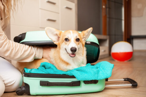 Woman Puts Corgi Dog, Puppy, Into Suitcase. Preparation For Trip, Arrival At Hotel, Adventure, Tour, Tourism. Love And Care For Pets, Transportation Of Animals. Portrait